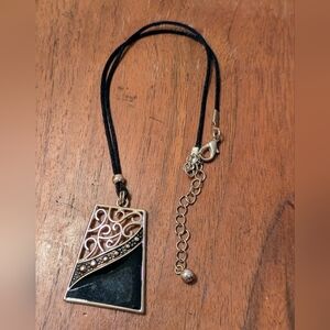 Pretty Black Enamel And Silver Pendant Necklace